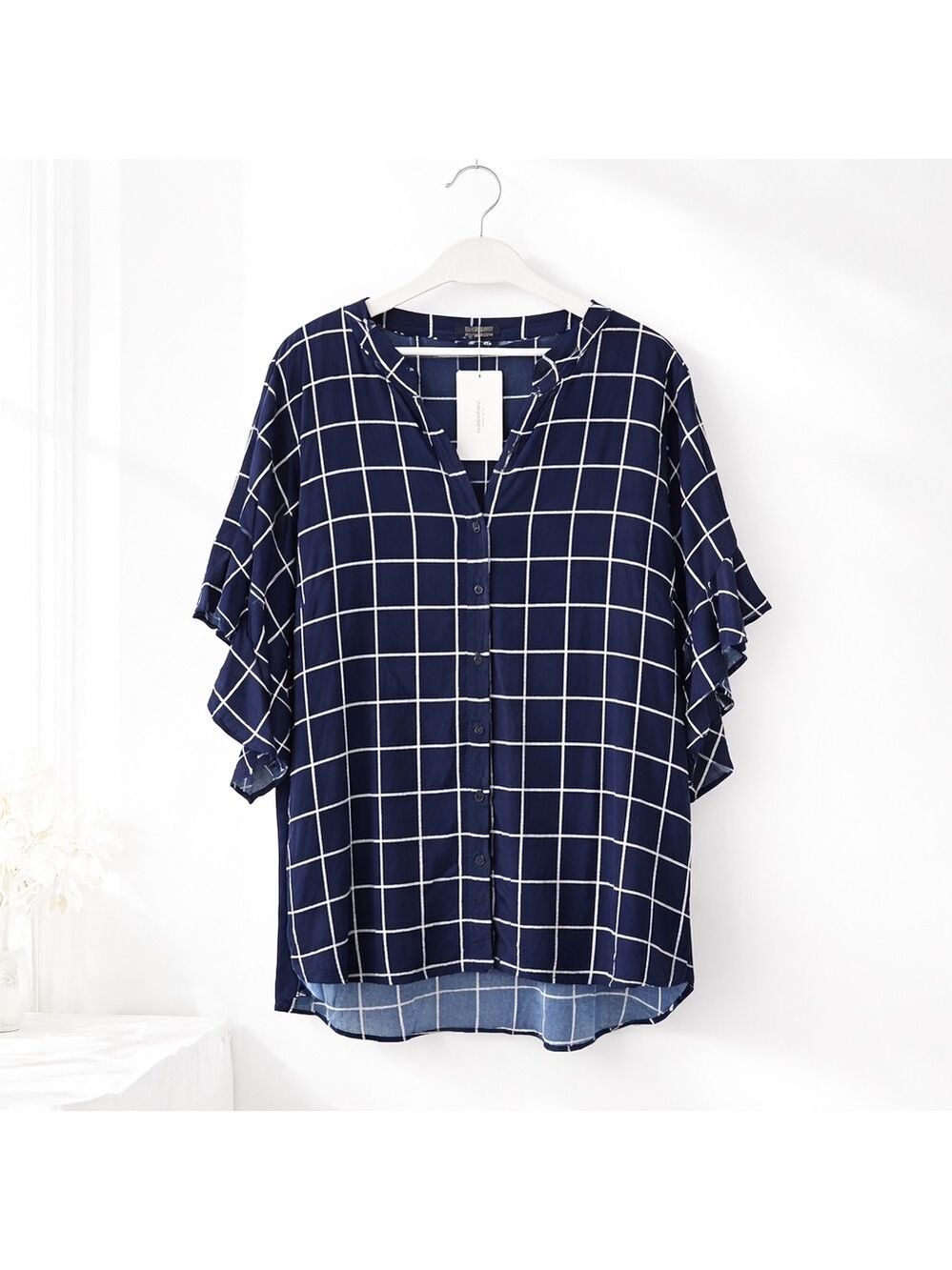 BloomChic Boho Grid Print Blouse | Flutter Sleeve Button Front | 22–24 Plus NWT
